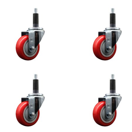 Service Caster 3.5'' SS Red Poly Wheel Swivel 1'' Expanding Stem Caster Set, 4PK SCC-SSEX20S3514-PPUB-RED-1-4
